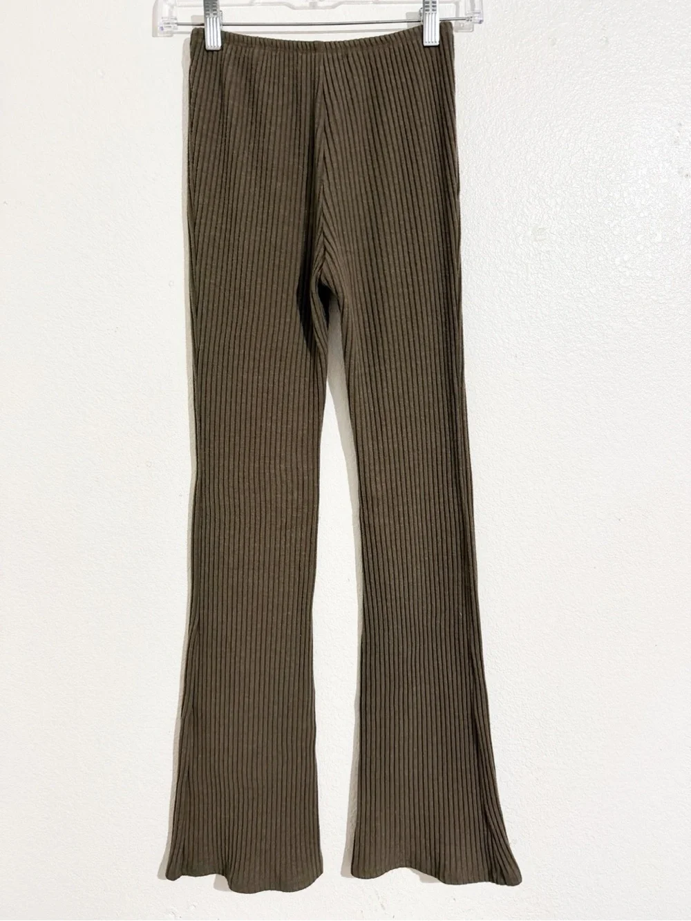Joah Brown Fitted Mini Ribbed Mid-Rise Flare Pant in Army Luxe Knit